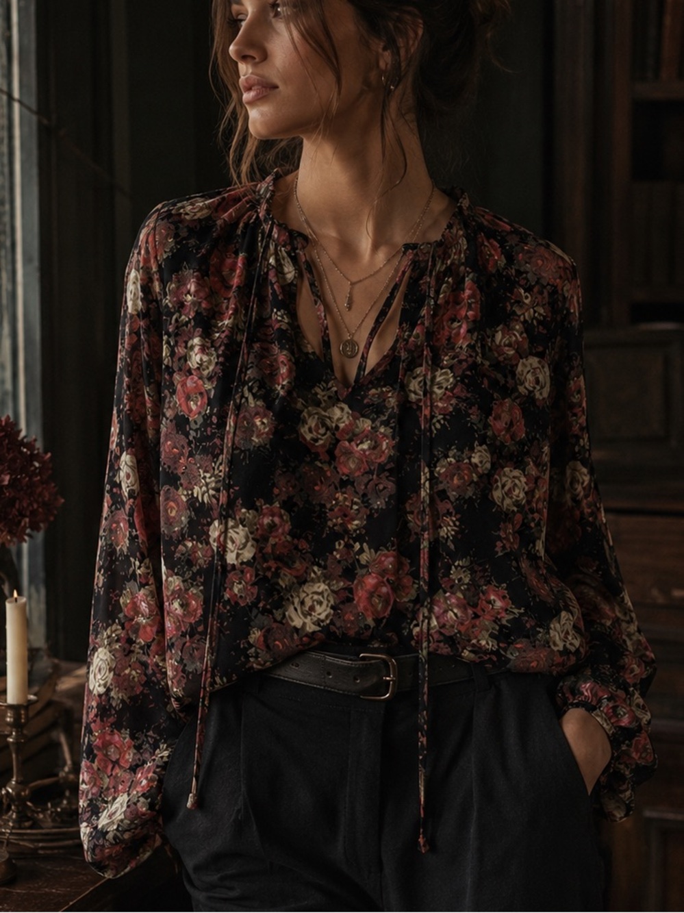 Forever 21 Contemporary Floral Blouse M Black Rose Print Tie Neck Boho Sheer
